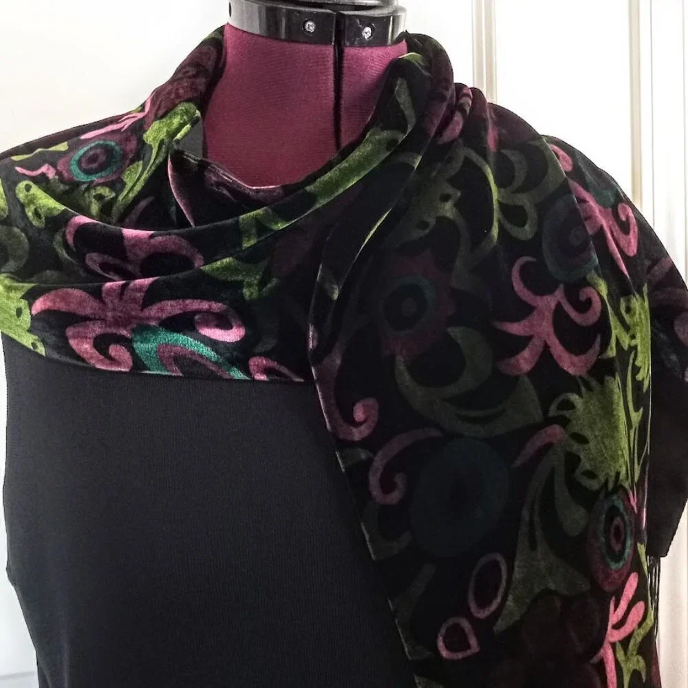 Swee Lo Black Multicolor Velvet Silk Blend Fringed Oblong Scarf